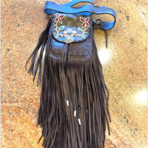 HANDMADE, HAND BEADED Louis Vuitton Leather Fringed Beaded Handbag - Picture 1 of 15